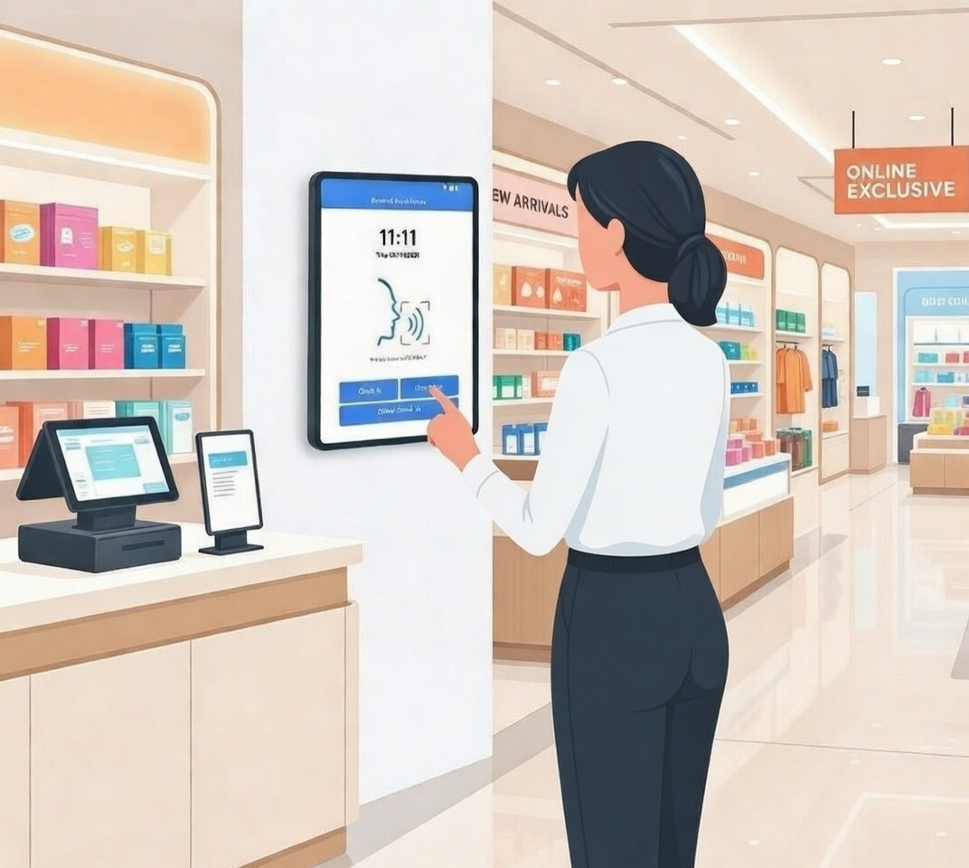 Retail employee using biometric time clock in store