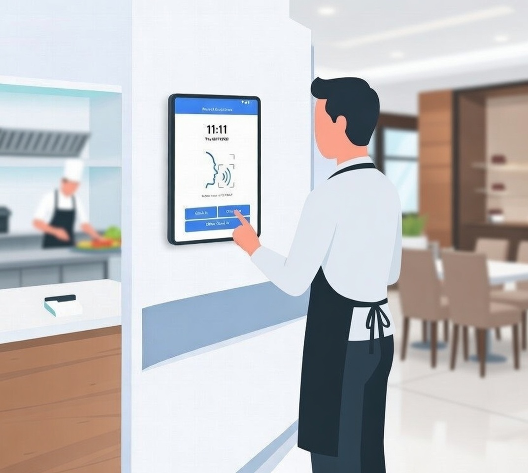 Restaurant server in uniform using wall-mounted tablet for biometric attendance clock-in at 11:11 with voice-activated sound wave interface in modern hospitality setting