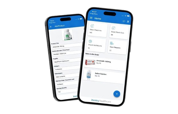 Invntry mobile app showing stock check-ins, check-outs, returns and re-order alerts on iPhone