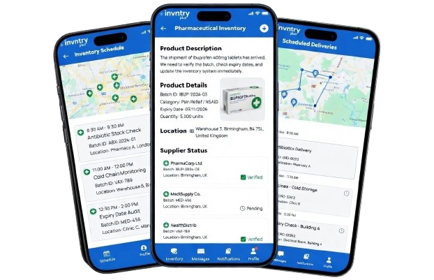 Mobile pharmaceutical inventory app showing batch tracking, expiry alerts and FDA compliance on smartphone