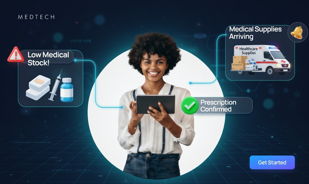Healthcare professional using Invntry mobile app with real-time notifications for low medical stock alerts, prescription confirmation, and medical supplies delivery tracking