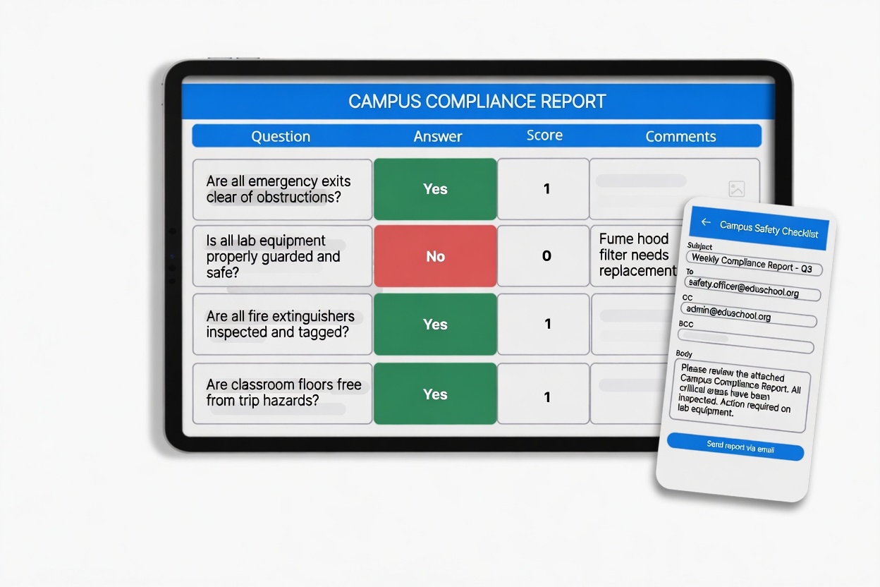 Checkki automated report generation for school inspections showing customisable PDF reports with photo evidence shared directly from the app