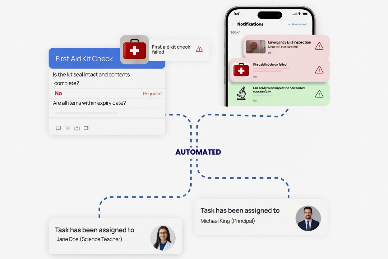 Checkki automated workflow and task assignment for school compliance showing priority-based corrective action routing with deadline tracking