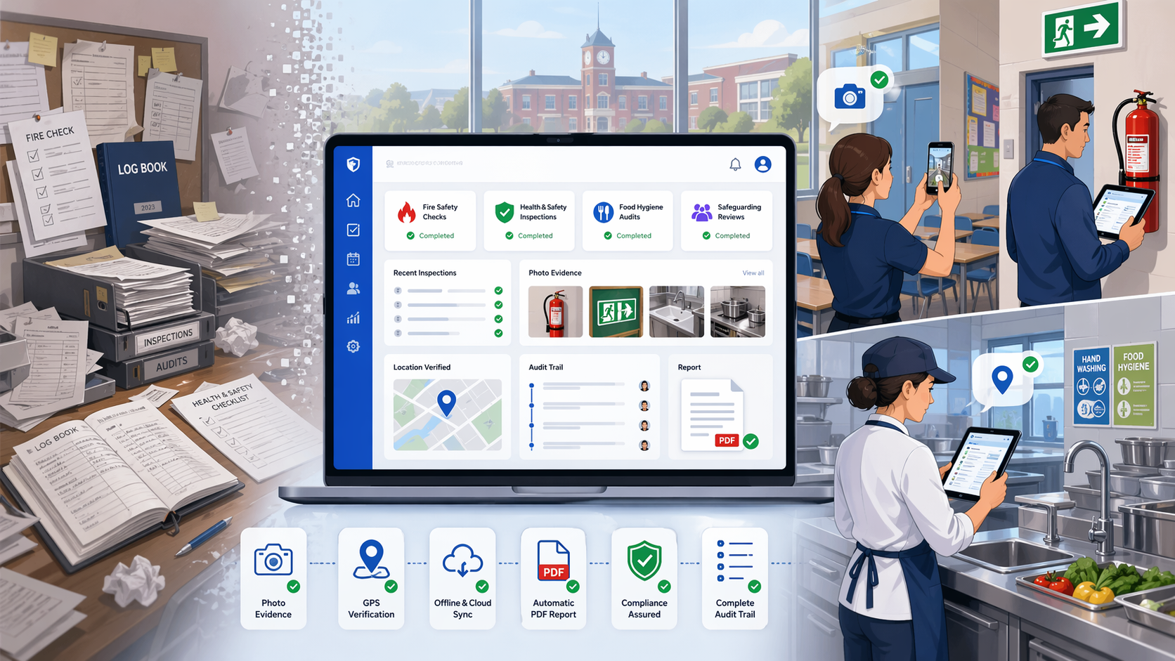 Checkki digital inspection and compliance checklist software for schools showing mobile app with health and safety checklist, photo evidence, and GPS verification