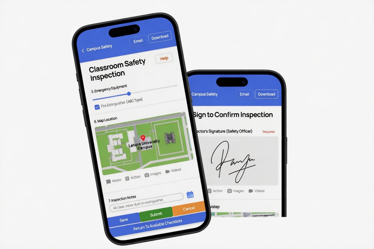 Checkki GPS location-based checks and digital signatures for school inspections showing staff presence verification and electronic sign-off on completed safety checks