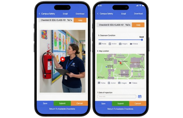 Checkki mobile inspection platform for schools showing digital checklist completion, photo evidence capture, GPS verification, and offline capability on smartphone