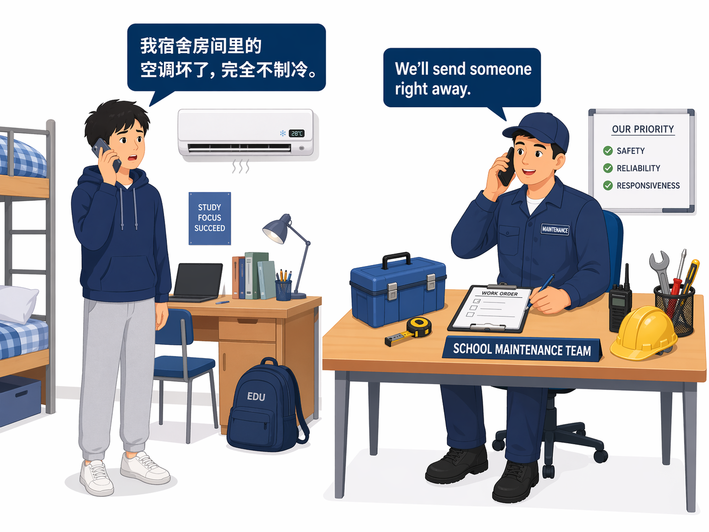 Multilingual repair reporting form for schools and universities showing language selection for diverse school communities