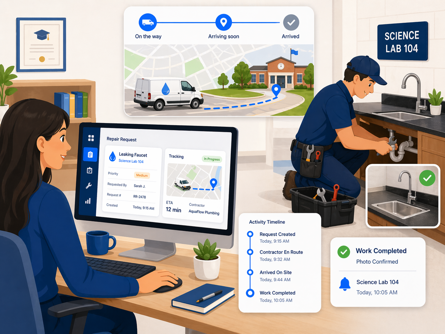 Real-time contractor ETA and location tracking for school building repairs preventing missed visits