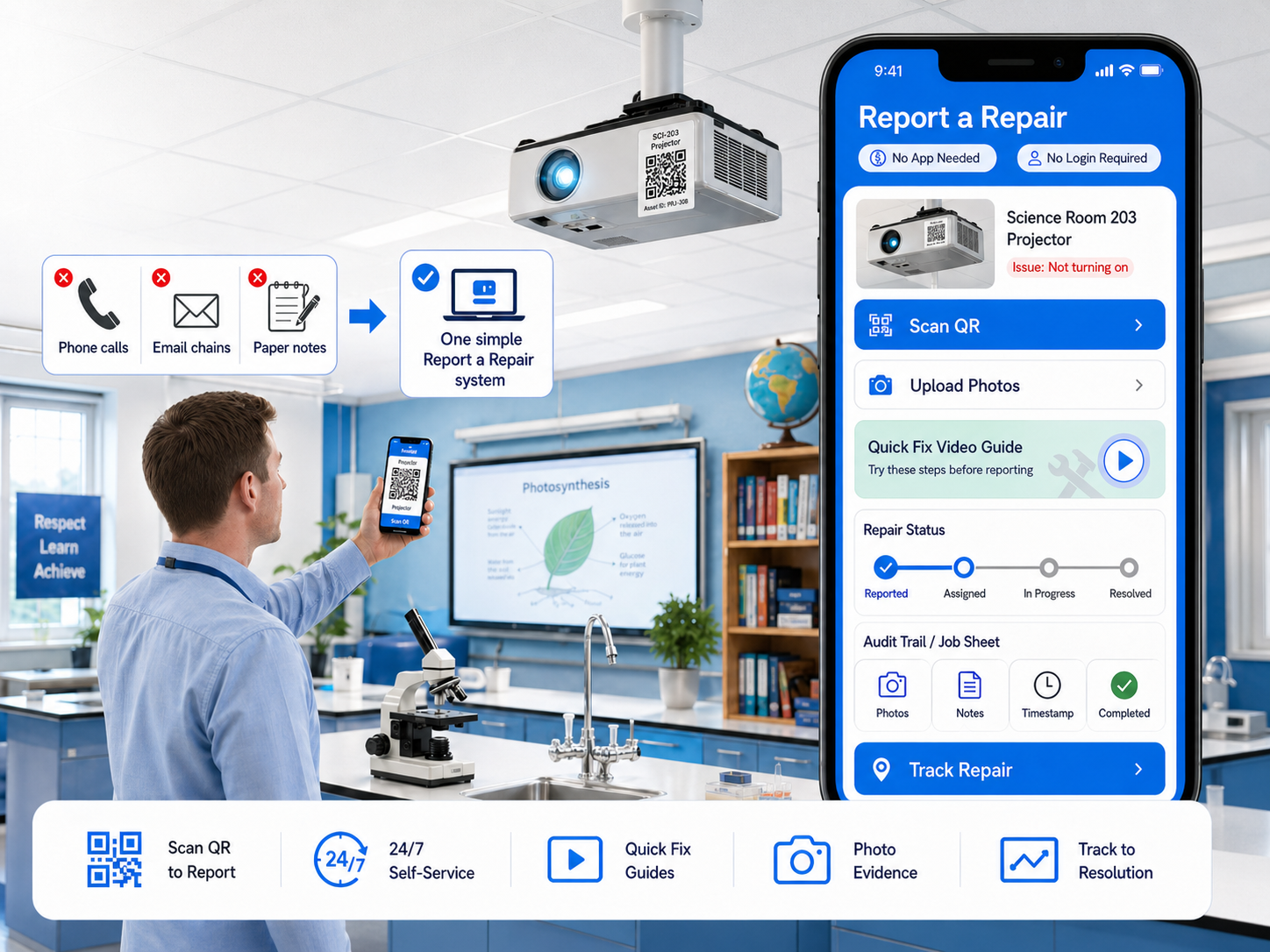 Report a Repair self-service repair reporting software for schools showing 24/7 QR code reporting dashboard and mobile interface