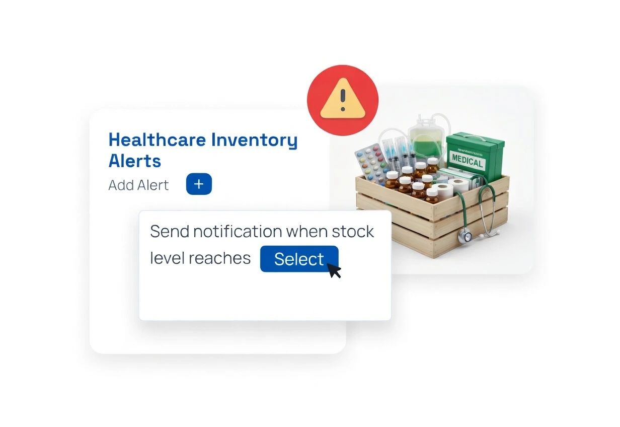 Low stock alert notifications for medical supplies in hospital inventory system