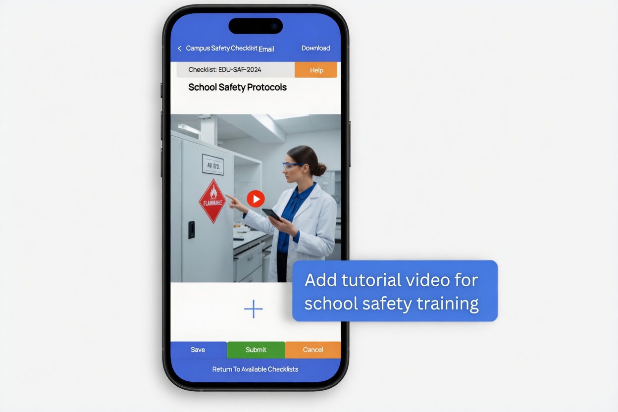 Checkki staff training integration for schools showing embedded training videos and task lists within inspection checklists for caretakers and supply teachers