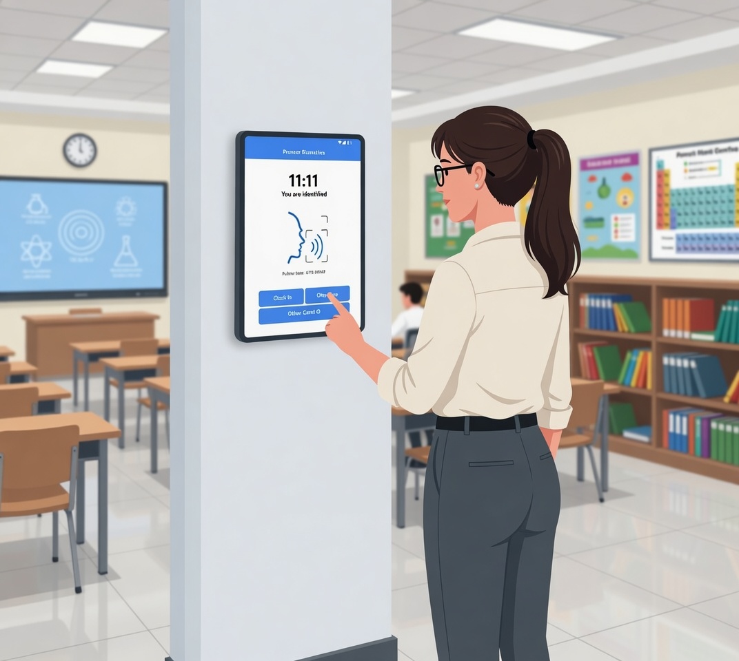 School teacher using wall-mounted tablet for biometric attendance clock-in at 08:30 with voice-activated sound wave interface in modern education setting