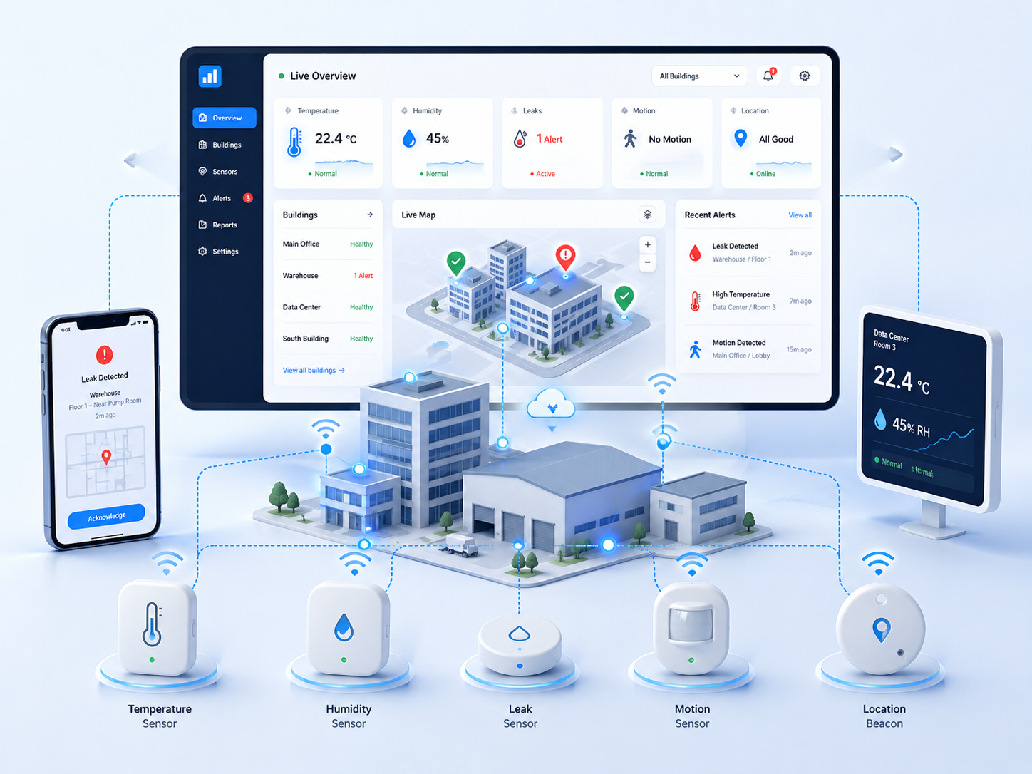 Smart IoT Sensors live central dashboard showing temperature, humidity, leak and motion readings across multiple buildings