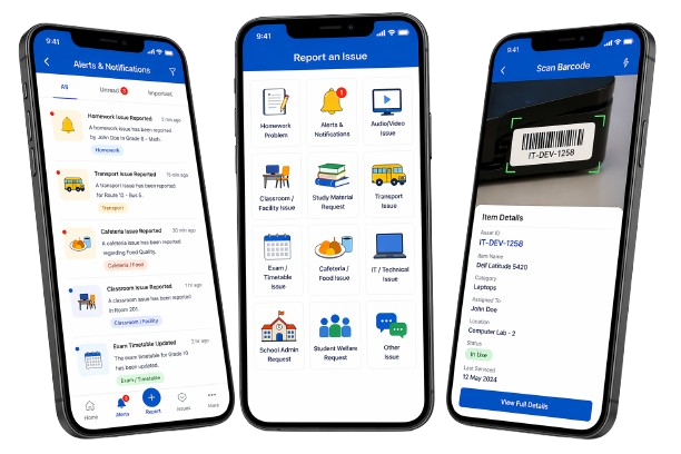 Report a Repair mobile platform for school facilities management showing QR code self-service repair reporting, photo upload, and contractor tracking on smartphone