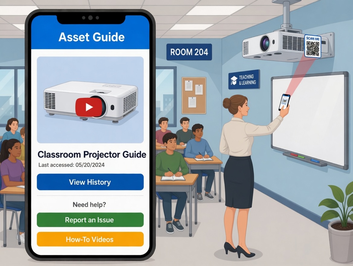 24/7 self-service report a repair for schools showing QR code scanning and structured repair form on smartphone